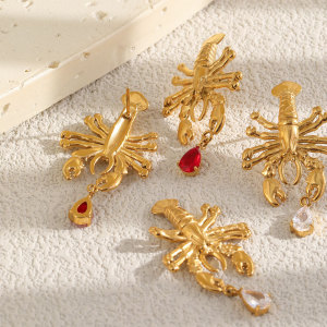 Boucles D'Oreilles Puces Pour Femmes, Style Vacances Océanique, En Forme De Homard, En Acier Inoxydable Étanche, Couleur Or Et Zircon. h5 Image3