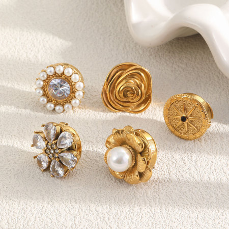 Boutons de manchette pour femme, style rétro, en acier inoxydable doré, ornés d'un zircon et d'une perle, motif floral rond. 2