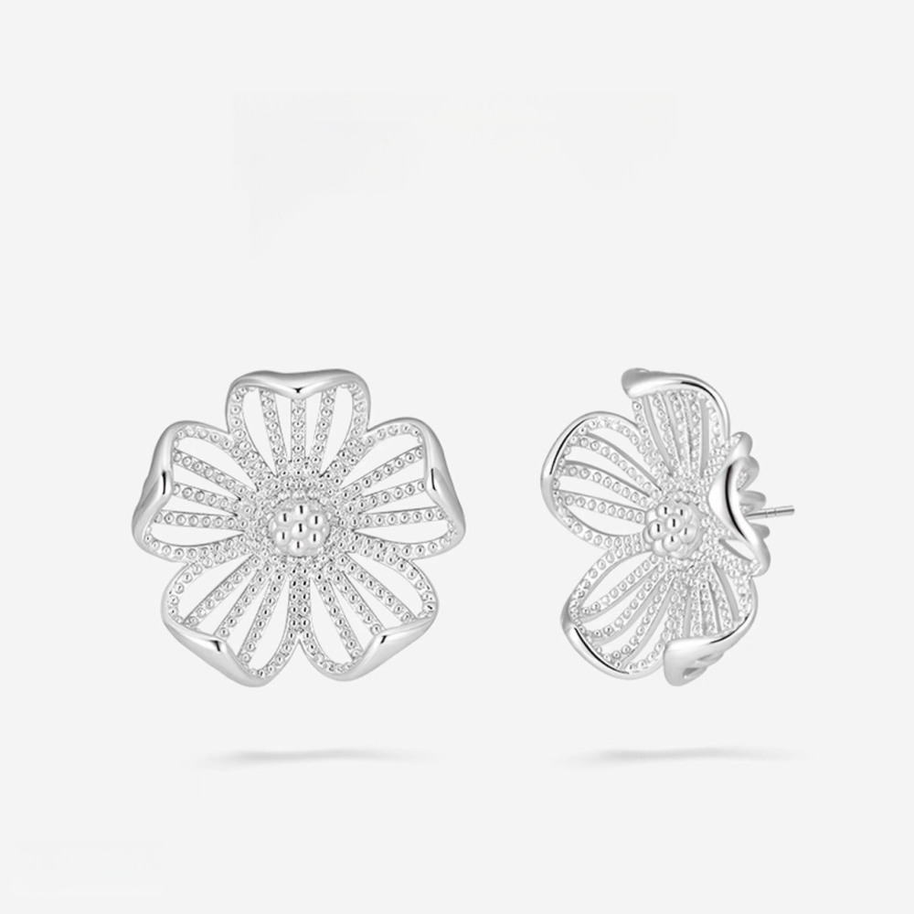 Boucles D'Oreilles Puces Pour Femmes, Collection Romantique, Motif Fleur Douce Ajourée, Couleur Cuivre Doré Image2