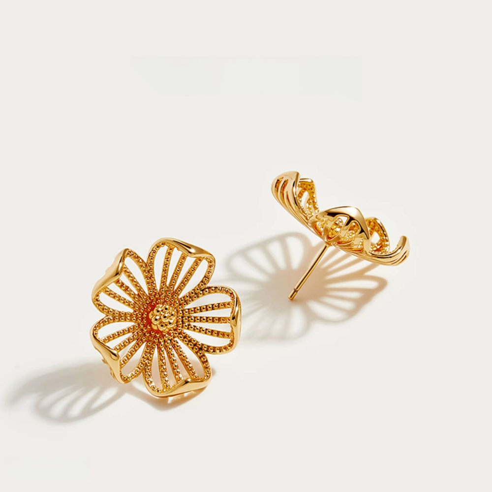 Boucles D'Oreilles Puces Pour Femmes, Collection Romantique, Motif Fleur Douce Ajourée, Couleur Cuivre Doré 