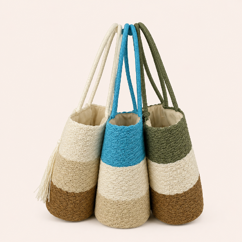 Sac Trapèze Femme En Raphia Tissé À Rayures Et Pompons, Style Vacances h5Image4
