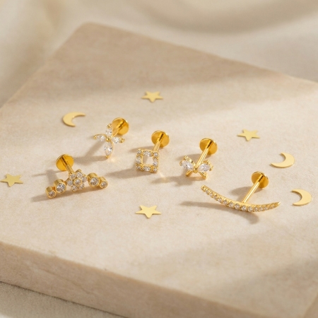 Boucles d'oreilles piercing femme, forme géométrique, nœud papillon et fleur simple, alliage de titane doré et zircon.