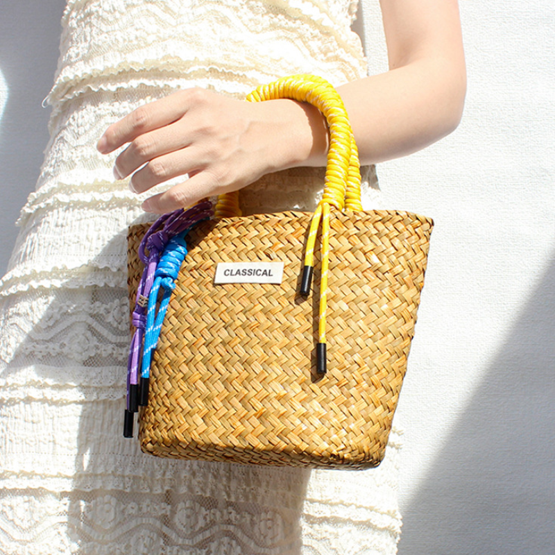 Sac Carré Pour Femme En Raphia Tressé Multicolore, Style Décontracté Image7