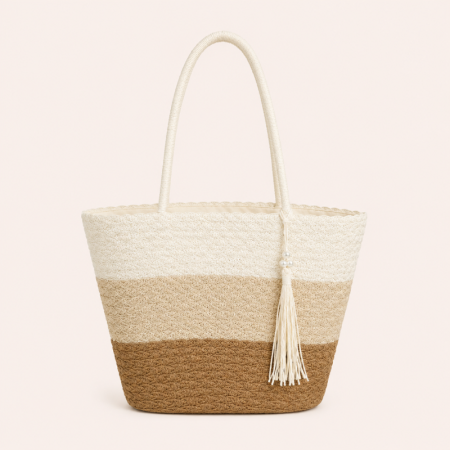 Sac trapèze femme en raphia tissé à rayures et pompons, style vacances 2