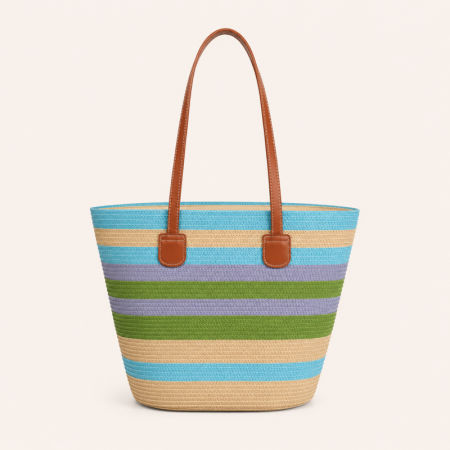 Sac trapèze femme en raphia tissé à rayures multicolores style vacances 2