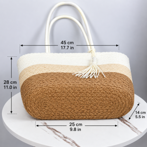 Sac Trapèze Femme En Raphia Tissé À Rayures Et Pompons, Style Vacances h5 Image2