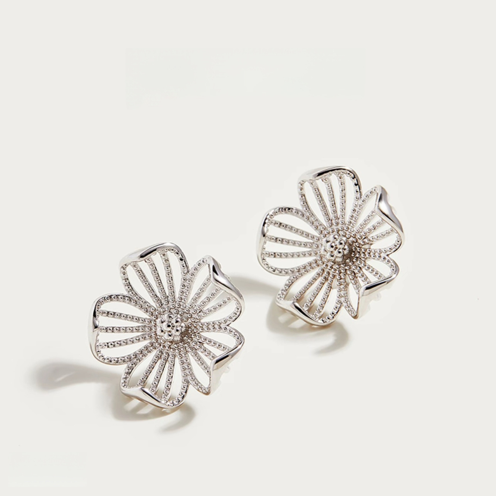 Boucles D'Oreilles Puces Pour Femmes, Collection Romantique, Motif Fleur Douce Ajourée, Couleur Cuivre Doré Image3