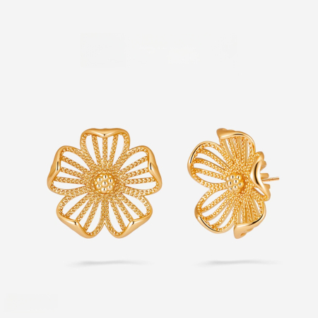 Boucles d'oreilles puces pour femmes, collection romantique, motif fleur douce ajourée, couleur cuivre doré