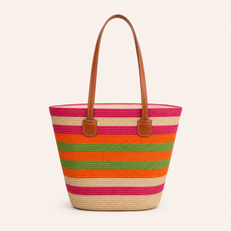Sac trapèze femme en raphia tissé à rayures multicolores style vacances
