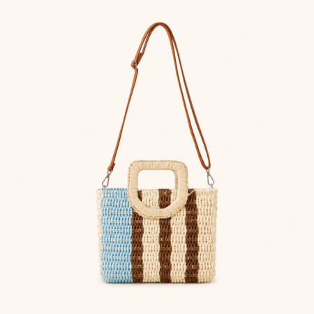 Sac carré pour femme en raphia tissé à rayures multicolores style décontracté