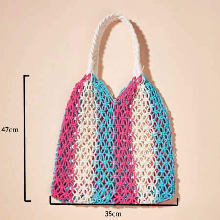 Sac carré pour femme en coton tissé à rayures ajourées, style vacances, de couleur mélangée