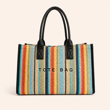 Sac cabas femme en raphia tissé à rayures et lettres multicolores, style décontracté 2