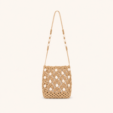 Sac carré pour femme en coton tissé uni style vacances, orné de perles ajourées