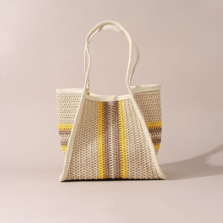 Sac cabas femme en raphia tissé à rayures ajourées, style décontracté, couleurs mélangées 2