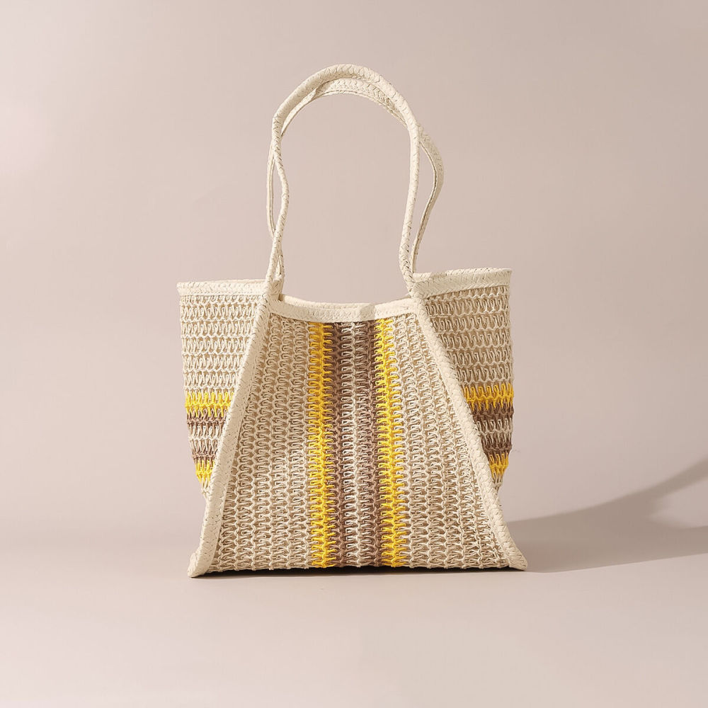 Sac Cabas Femme En Raphia Tissé À Rayures Ajourées, Style Décontracté, Couleurs Mélangées h5Image2