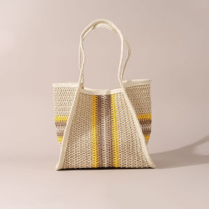 Sac Cabas Femme En Raphia Tissé À Rayures Ajourées, Style Décontracté, Couleurs Mélangées h5 Image2