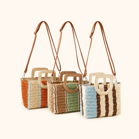 Sac carré pour femme en raphia tissé à rayures multicolores style décontracté 2