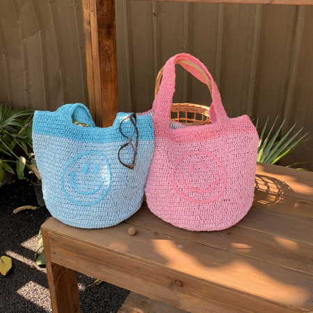 Sac carré pour femme en raphia tissé uni style décontracté, motif visage souriant 2