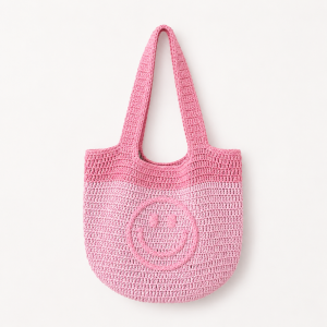 Sac Carré Pour Femme En Raphia Tissé Uni Style Décontracté, Motif Visage Souriant h5 Image4