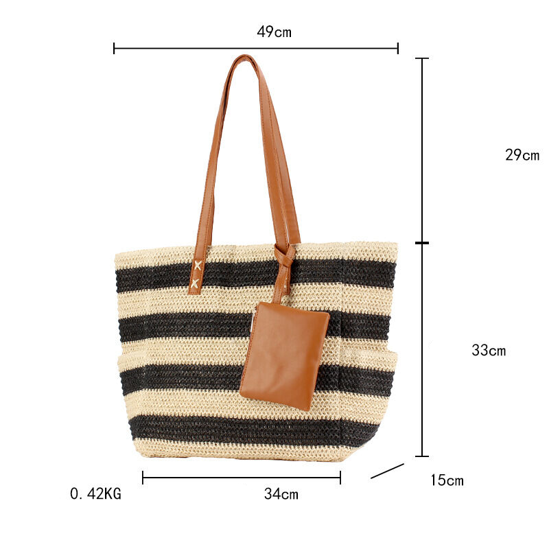 Sac Cabas Femme En Raphia Tissé À Rayures Multicolores Style Décontracté 