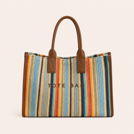 Sac cabas femme en raphia tissé à rayures et lettres multicolores, style décontracté