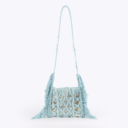 Sac carré pour femme en coton tissé uni à pompons ajourés, style décontracté 2