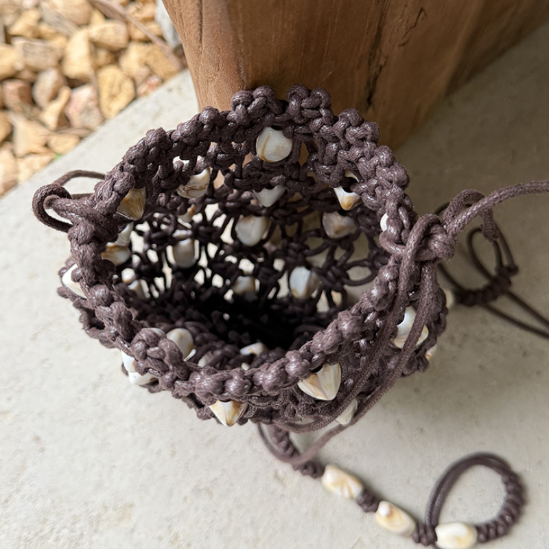 Sac Carré Pour Femme En Coton Tissé Uni Style Vacances, Orné De Perles Ajourées Image6