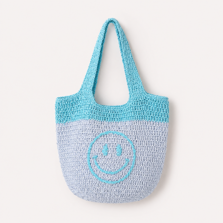 Sac carré pour femme en raphia tissé uni style décontracté, motif visage souriant