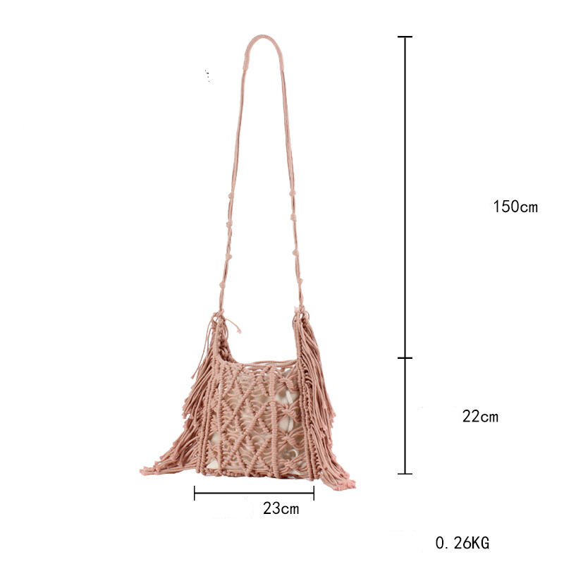 Sac Carré Pour Femme En Coton Tissé Uni À Pompons Ajourés, Style Décontracté Image2