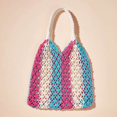 Sac carré pour femme en coton tissé à rayures ajourées, style vacances, de couleur mélangée