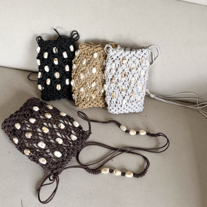 Sac Carré Pour Femme En Coton Tissé Uni Style Vacances, Orné De Perles Ajourées h5 Image3