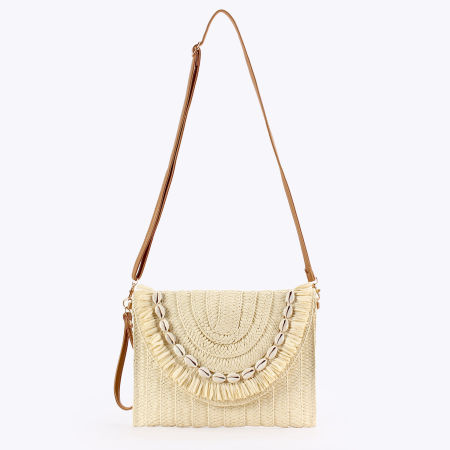 Sac carré femme en raphia tissé uni couleur coquillage style vacances 2