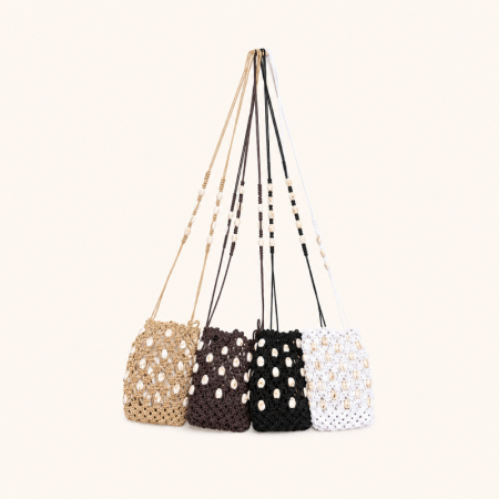 Sac carré pour femme en coton tissé uni style vacances, orné de perles ajourées 2