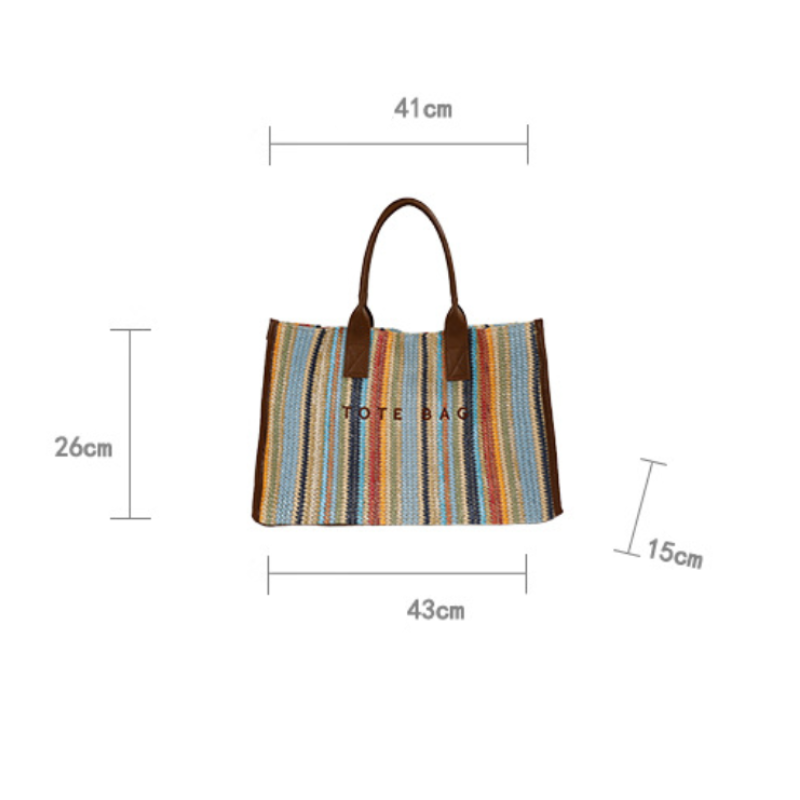 Sac Cabas Femme En Raphia Tissé À Rayures Et Lettres Multicolores, Style Décontracté Image2
