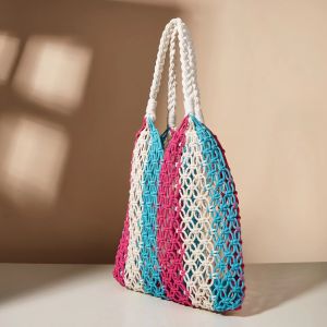 Sac Carré Pour Femme En Coton Tissé À Rayures Ajourées, Style Vacances, De Couleur Mélangée h5 Image2