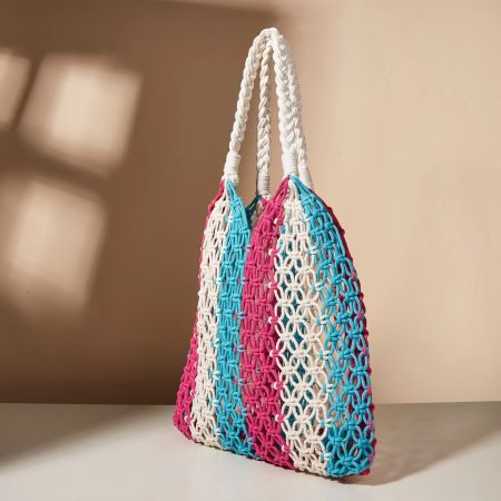 Sac carré pour femme en coton tissé à rayures ajourées, style vacances, de couleur mélangée 2