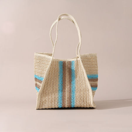 Sac cabas femme en raphia tissé à rayures ajourées, style décontracté, couleurs mélangées