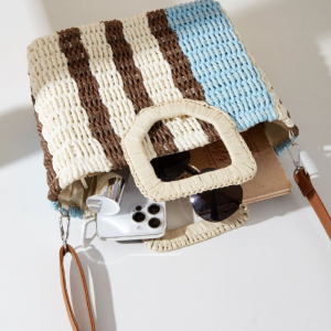 Sac Carré Pour Femme En Raphia Tissé À Rayures Multicolores Style Décontracté h5 Image3