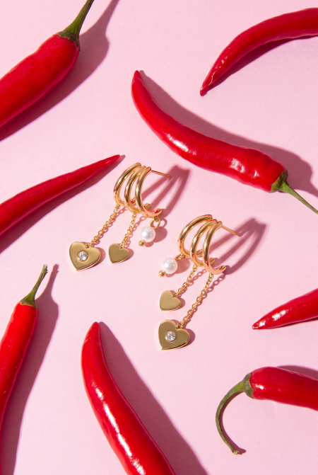 Boucles d'oreilles triples avec pendentifs en forme de cœur et perles 2