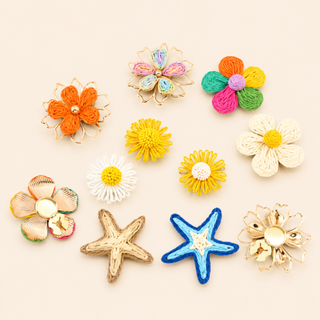 Boutons de manchette en raphia, motif étoiles de mer, style océanique, collection ethnique