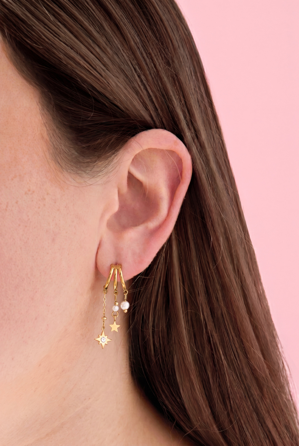 Boucles D'Oreilles Triples Avec Pendentifs En Perle Et En Étoile Image2