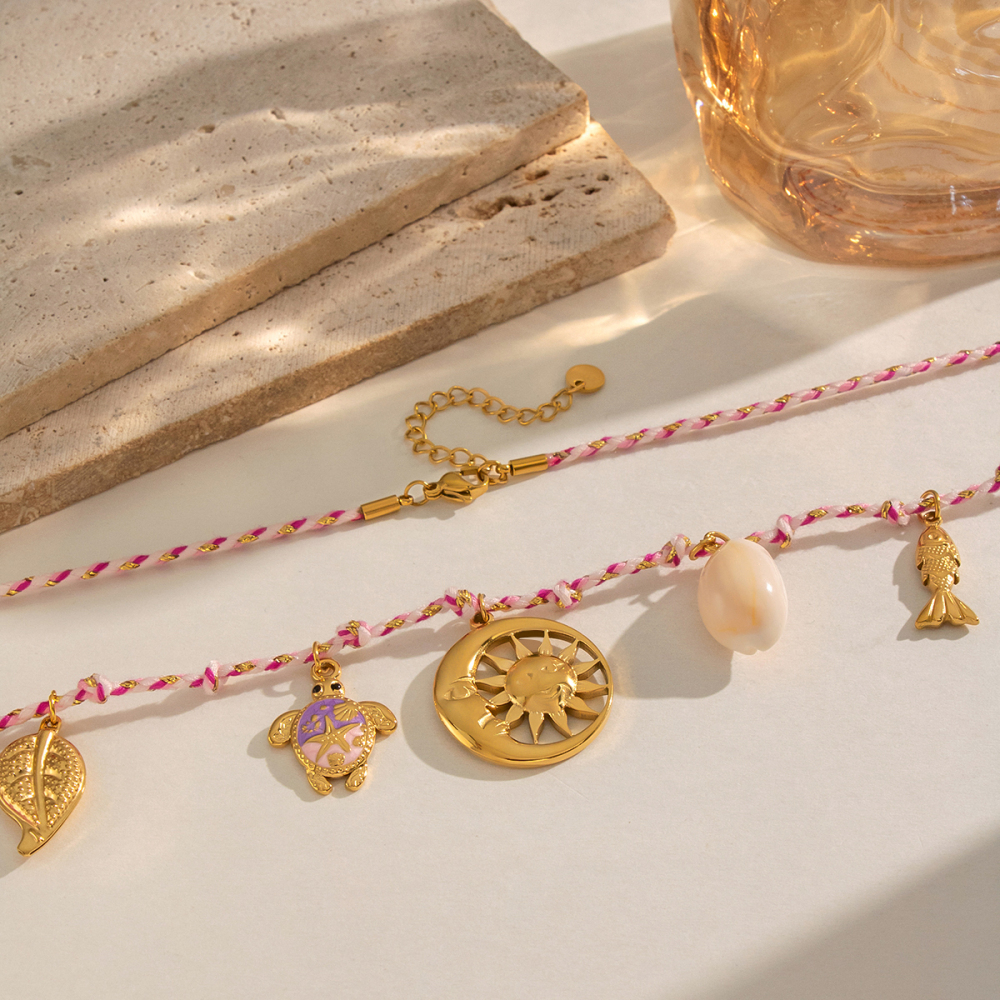 Colliers Tressés Pour Femmes, En Acier Inoxydable Doré, Imperméables, En Forme De Soleil Romantique Et Coquillage. Image3