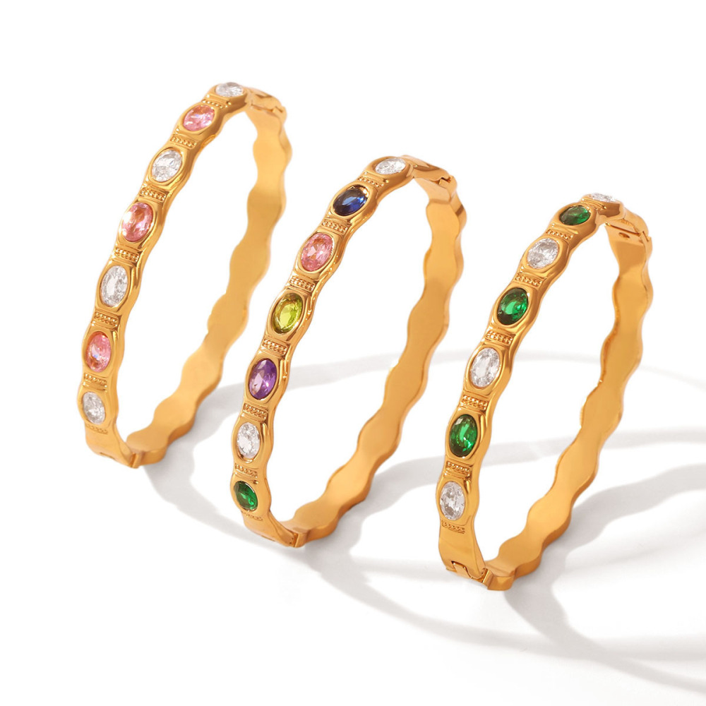 Bracelet Jonc Simple Et Luxueux Pour Femme, En Acier Inoxydable Imperméable, Couleur Or, Forme Elliptique, Orné De Zircon. Image6