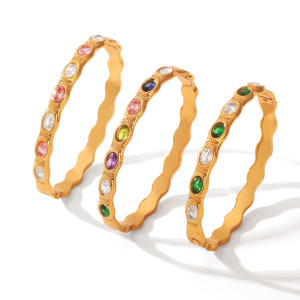 Bracelet Jonc Simple Et Luxueux Pour Femme, En Acier Inoxydable Imperméable, Couleur Or, Forme Elliptique, Orné De Zircon. h5 Image6