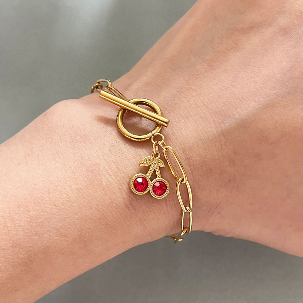 Bracelets À Breloques Pour Femmes En Acier Inoxydable Doré, Étanches, Avec Strass Et Cerises Douces Image3