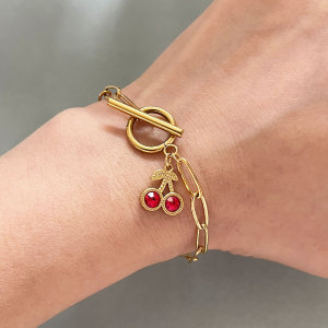Bracelets À Breloques Pour Femmes En Acier Inoxydable Doré, Étanches, Avec Strass Et Cerises Douces h5 Image3