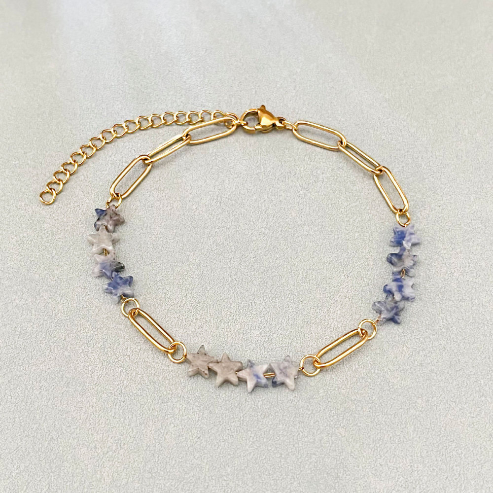 Bracelet À Perles Simple Star Pour Femme, En Acier Inoxydable, Imperméable, Couleur Or, Orné De Pierres Naturelles.