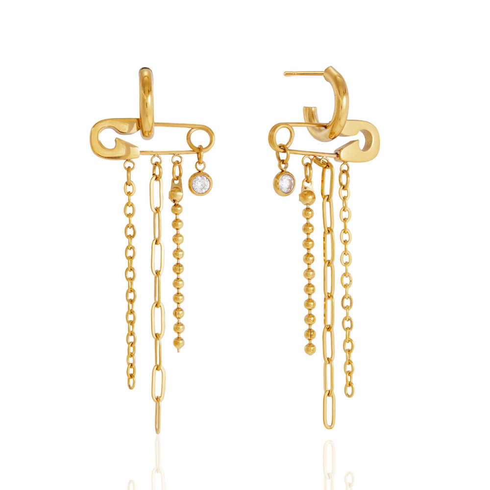 Boucles D'Oreilles Pendantes Élégantes À Pompon En Acier Inoxydable, Étanches, Couleur Or Et Zircon, Pour Femme, Collection Luxueuse. Image5
