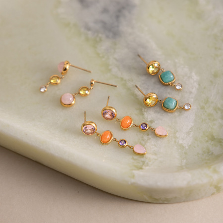 Boucles d'oreilles pendantes rétro à pompons en acier inoxydable, étanches, couleur or, avec pierre naturelle et zircon. 2