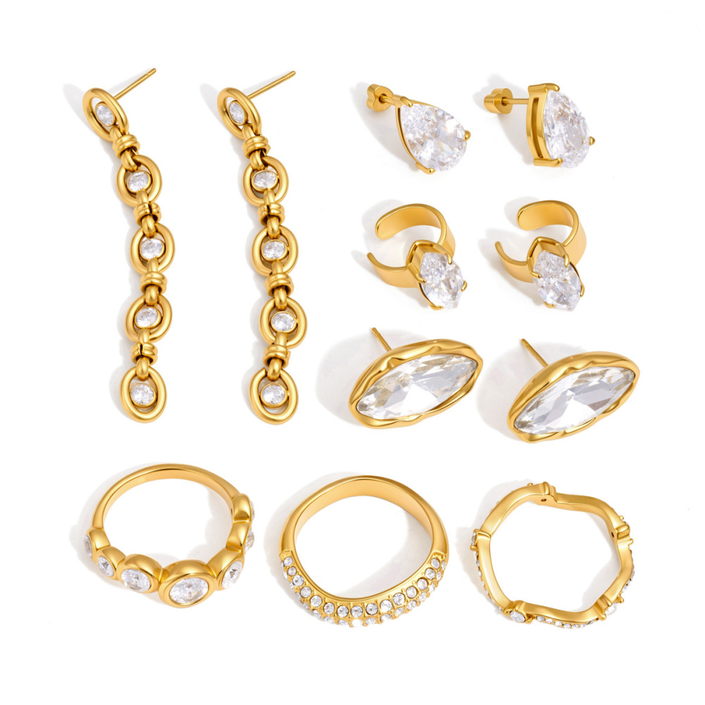 Boucles D'Oreilles Puces Élégantes Pour Femmes, En Acier Inoxydable Imperméable, Couleur Or, Forme Irrégulière, Patchwork, Zircon. Image5